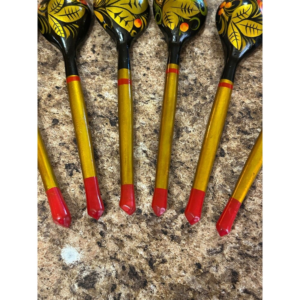 Lot Of 9 Vintage Khokhloma Russian Wooden Lacquer Hand Painted Spoons - Picture 6 of 7